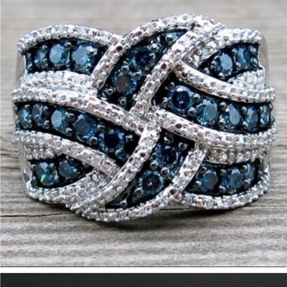 NEW Silver Blue Sapphire Braided Wide Band Ring